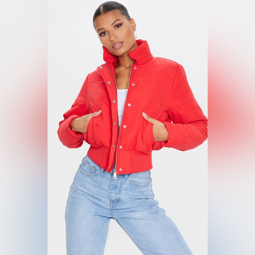 PrettyLittleThing Red Peach Skin Cropped Puffer Jacket: size 10 UK